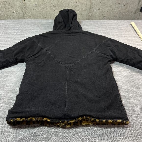 Mob Wife Faux Fur Cheetah Jacket Large Hooded Reversible to Denim Maximalist - Picture 7 of 12